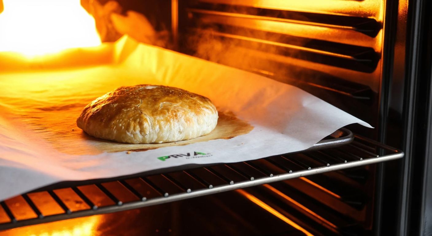 A close-up of a golden-brown pastry baking on a Priva-branded parchment paper inside a warm, glowing oven, with steam rising gently.