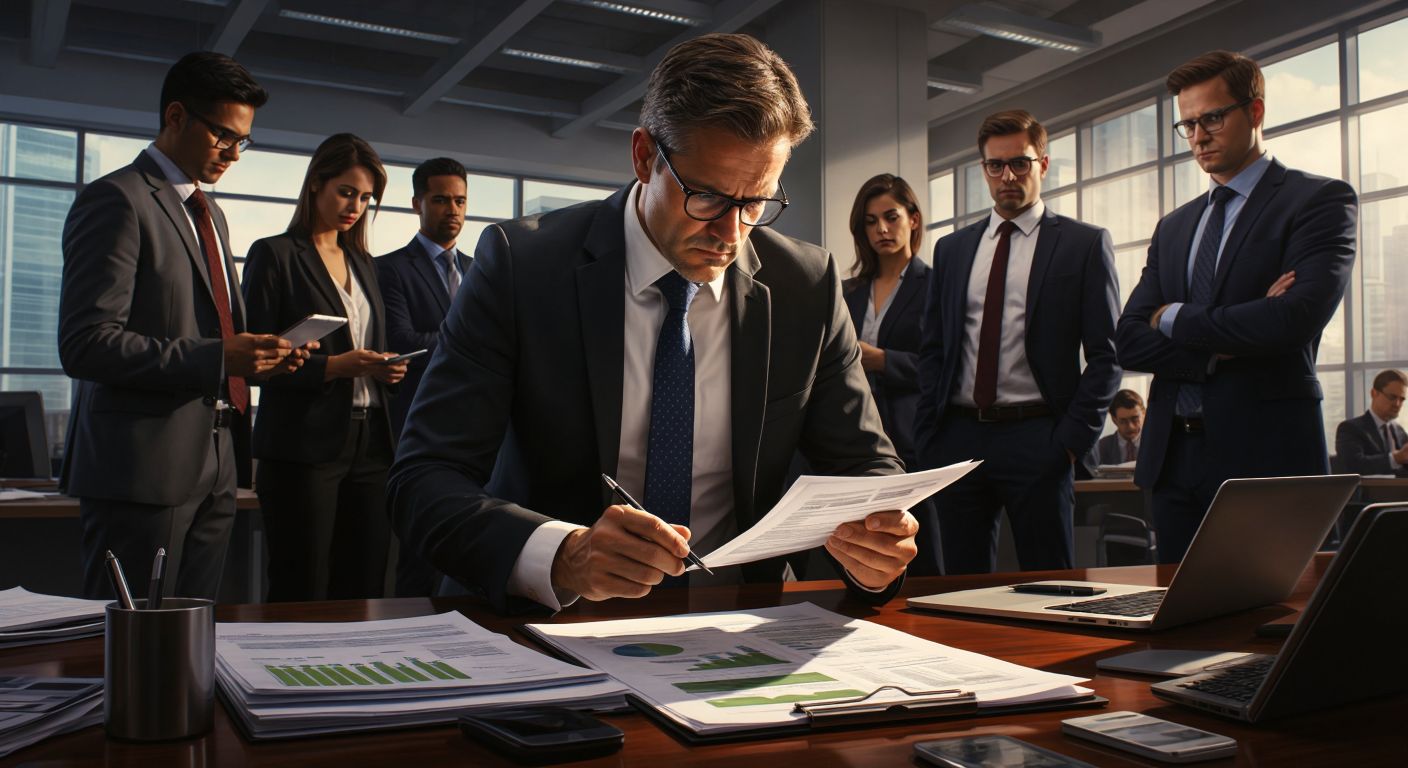 A stern, formally dressed official in a modern office setting reviews financial documents with a magnifying glass, symbolizing regulatory oversight, while a diverse group of investors watches attentively in the background.