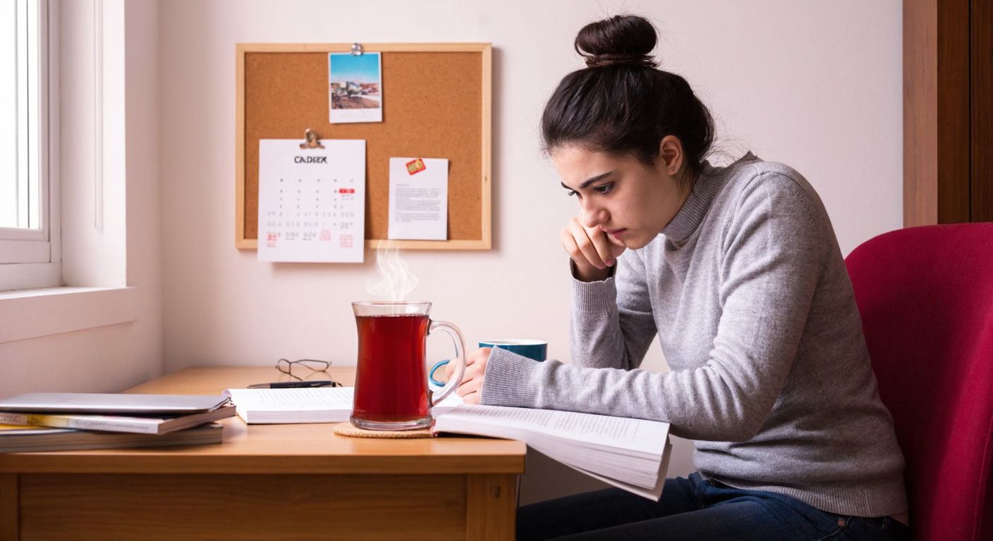 A young Turkish student in a cozy home study, surrounded by open textbooks and a steaming cup of çay, anxiously checking a calendar pinned to a corkboard.