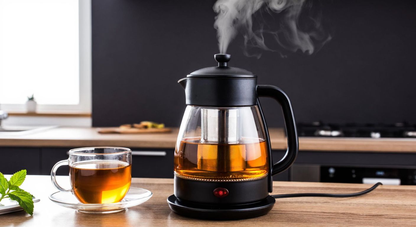 A sleek black electric tea maker with a glass pot, placed on a wooden kitchen counter in a cozy Turkish home, steam rising from its spout as it brews a fresh pot of amber-colored tea.