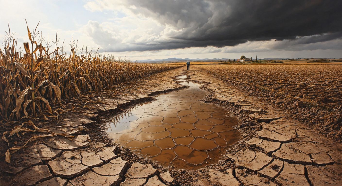A cracked, sunbaked field in rural Turkey with murky water pooling in a sudden depression, surrounded by wilted cornstalks and a distant farmer cautiously observing the unstable ground.