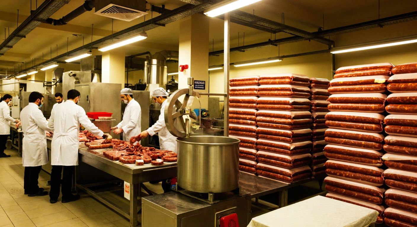 A bustling Turkish sucuk factory with workers in white coats handling fresh meat, large stainless steel machines processing sausages, and stacks of packaged Ahmet İpek sucuk under warm lighting.
