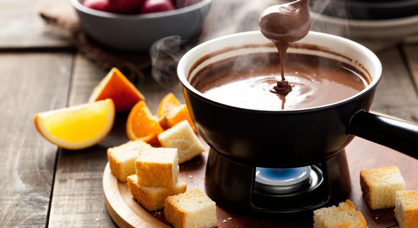 A warm, bubbling fondue pot sits on a rustic wooden table, surrounded by fresh bread cubes and fruit slices, with steam gently rising from the melted chocolate inside.
