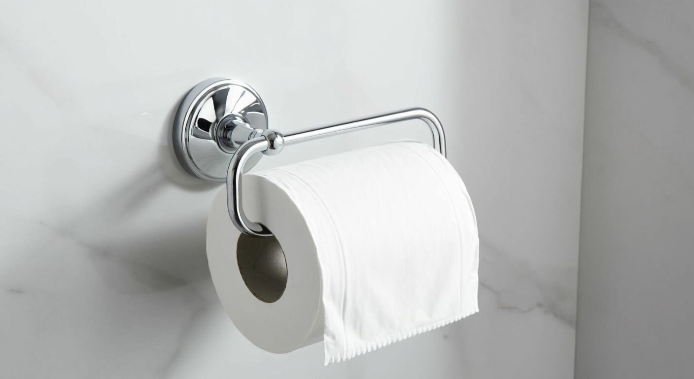 A sleek chrome toilet paper holder with a spare roll compartment mounted on a clean white bathroom wall, reflecting soft light and appearing sturdy yet elegant.