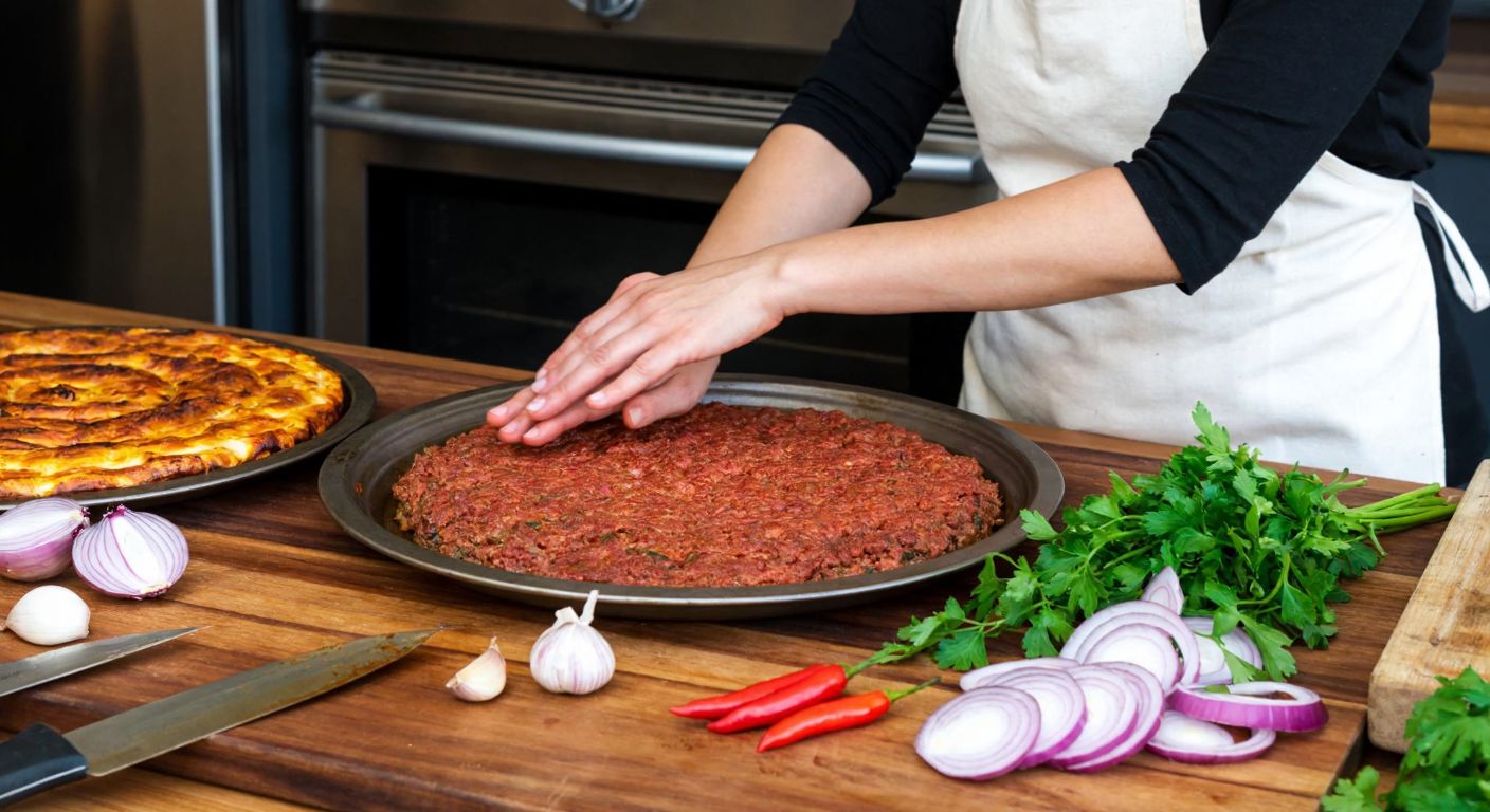 A Turkish kitchen scene with a woman in an apron kneading spiced minced meat on a tray, surrounded by chopped onions, garlic, and parsley, while a golden-brown tepsi kebab sizzles in the oven nearby.