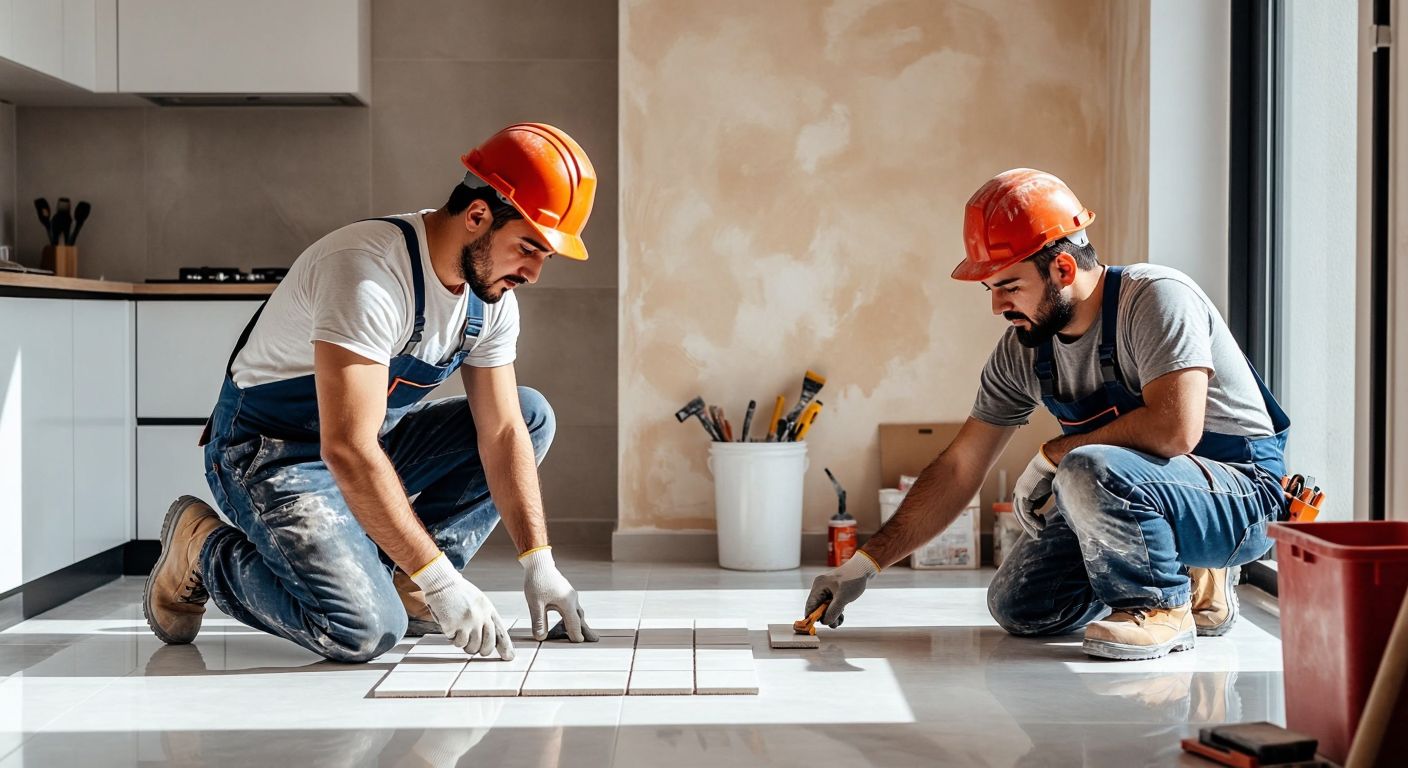 A Turkish construction worker in a hardhat and overalls carefully lays ceramic tiles on a bright kitchen floor while another worker paints freshly plastered walls in warm beige, with tools and materials neatly organized nearby.