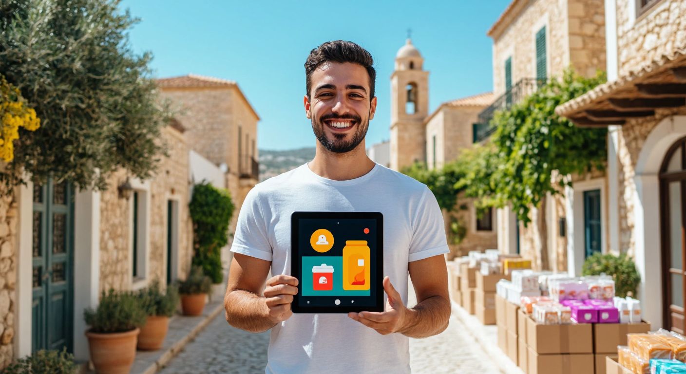 A smiling person in Cyprus holds a tablet displaying colorful product icons while surrounded by packages of various sizes against a backdrop of Mediterranean architecture.