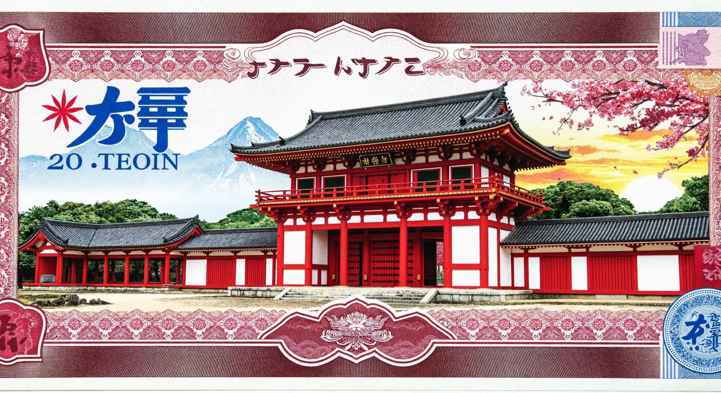 A vibrant Japanese 2,000 yen banknote featuring the ornate red Shureimon gate of Shuri Castle against a traditional Okinawan landscape.