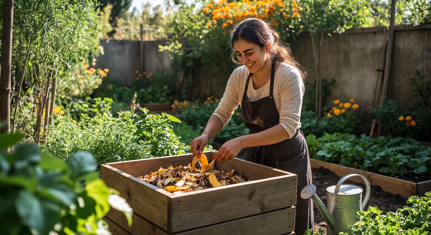 A Turkish woman in a sunlit garden smiles while mixing vegetable peels and dry leaves in a wooden compost bin, with a watering can nearby and lush plants in the background.