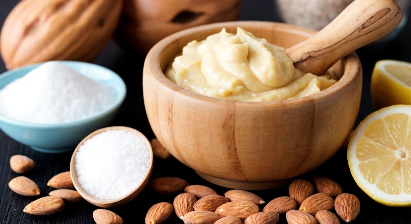 A wooden mortar and pestle filled with creamy almond paste, surrounded by fresh almonds, a small bowl of powdered sugar, and a sliced lemon on a rustic Turkish kitchen counter.
