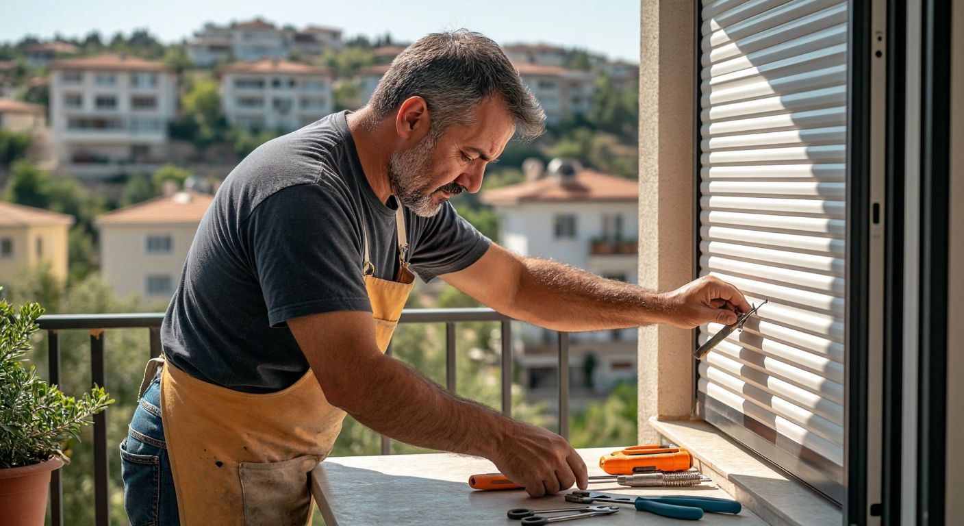 A focused middle-aged man in a casual outfit carefully replaces a roller shutter’s cord and pulley on a sunlit balcony in Turkey, with tools like a screwdriver and pliers neatly laid out beside him.
