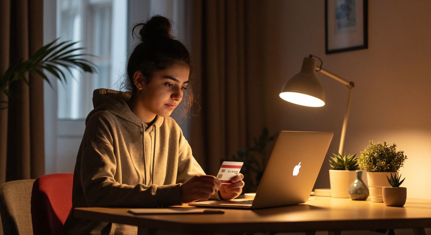 A young student in Turkey sits at a wooden desk with a laptop open, holding a bank card, while a list of bank logos (Akbank, Ziraat Bankası, etc.) floats nearby, and a warm lamp casts a focused glow over the scene.