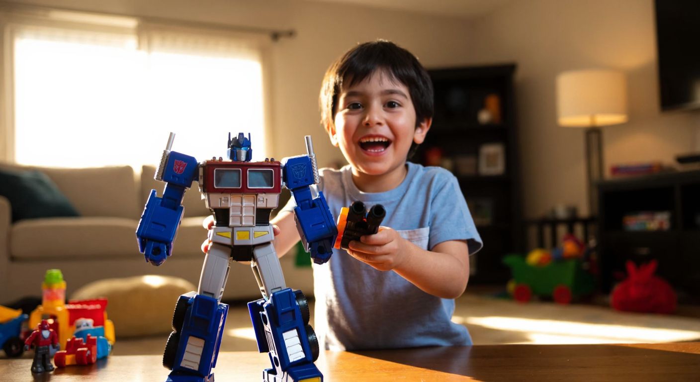 A young Turkish child, around 6 years old, smiling excitedly while holding a blue and gray Transformers Soundwave action figure, surrounded by colorful toys in a sunlit living room.