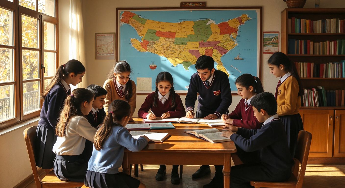 A group of diverse Turkish students in school uniforms gather around a wooden table in a sunlit classroom, studying books with a map of Turkey in the background highlighting cities like Ankara, Yozgat, and Konya.