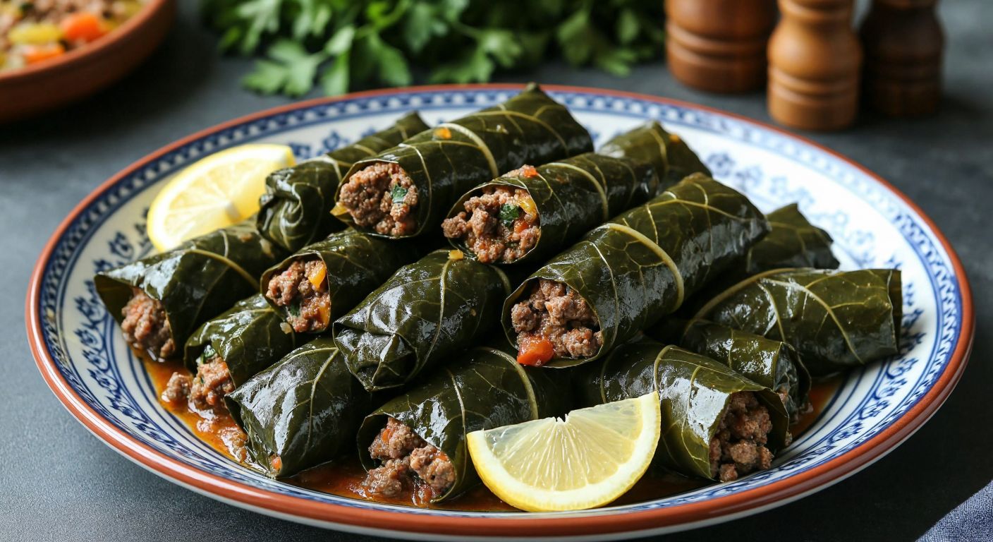 A steaming plate of dark green collard leaves tightly rolled around a savory minced meat filling, garnished with lemon wedges and served on a traditional Turkish ceramic plate.