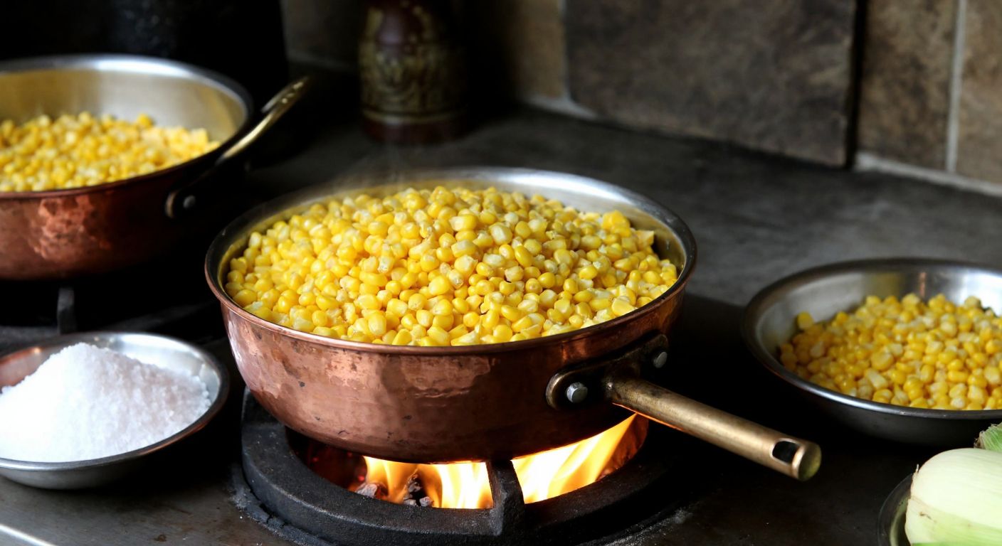 A rustic Turkish kitchen with a copper pot of golden corn kernels sizzling in melted butter on a wood-fired stove, surrounded by bowls of fresh corn and salt, evoking warmth and tradition.