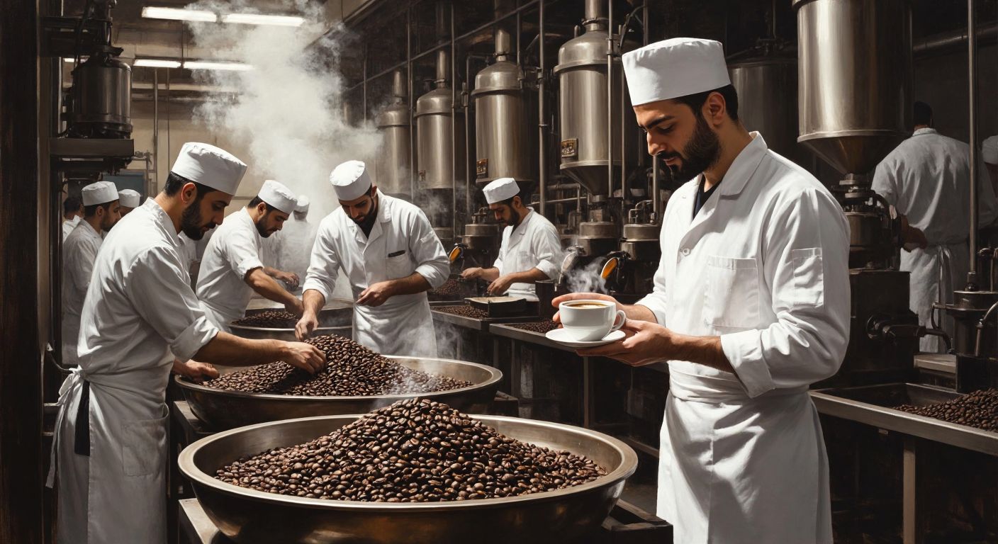 A bustling Turkish coffee factory with workers in white uniforms carefully roasting beans, overseen by a well-dressed executive holding a steaming cup of rich, aromatic coffee.