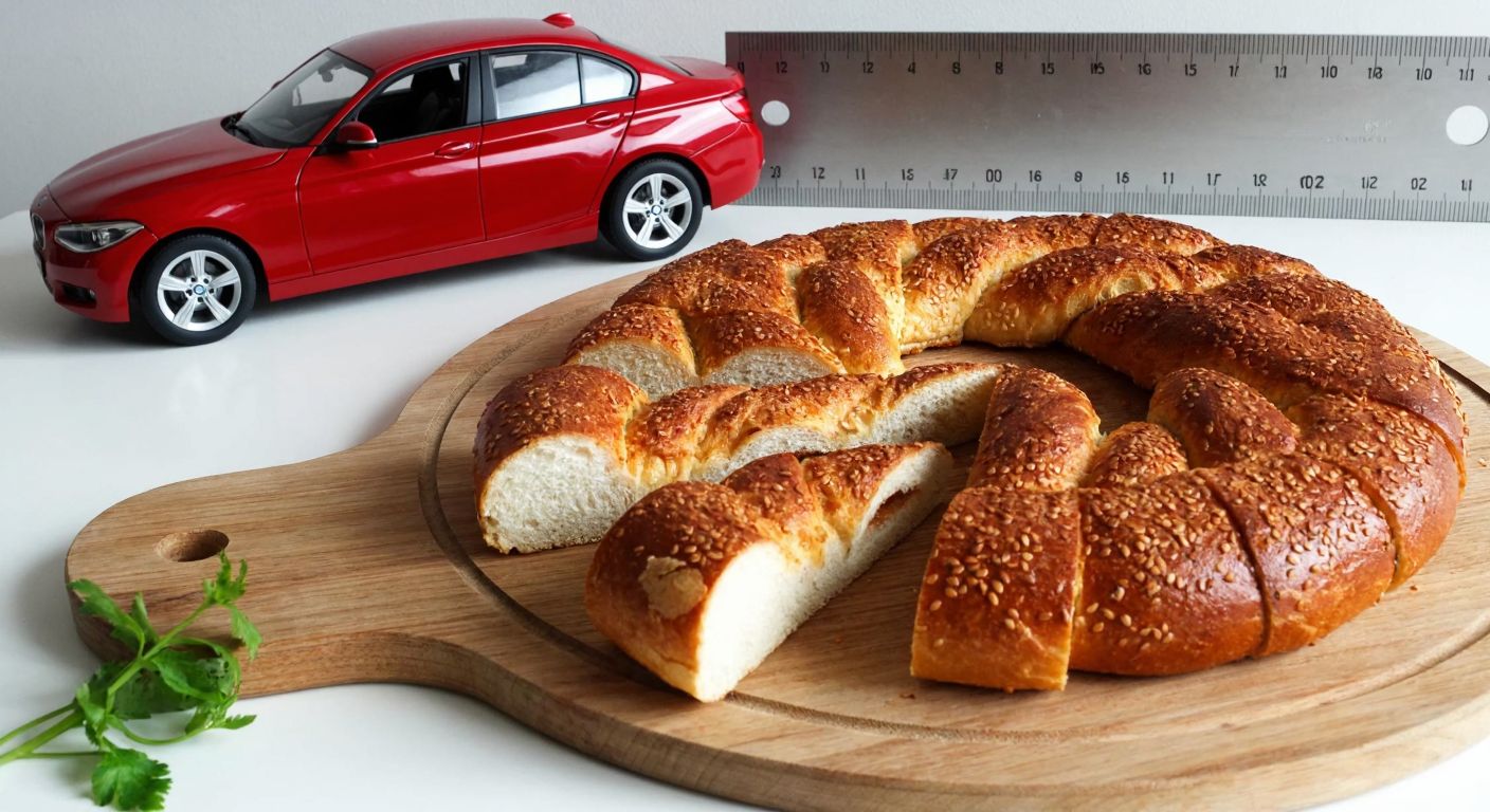A miniature model car sits beside a large ruler, while a freshly baked Turkish *simit* is sliced into eight equal pieces on a wooden cutting board nearby.