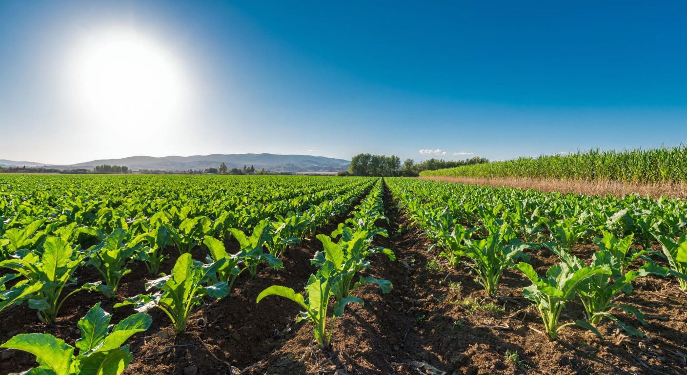 A sunlit field in Turkey with rows of sugar beets and sugarcane swaying gently in the breeze, their green leaves contrasting against the rich brown soil.