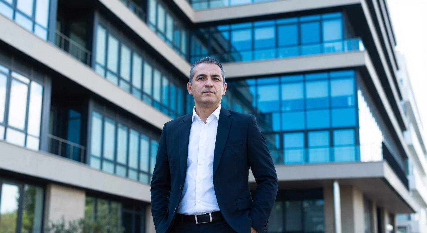 A confident middle-aged Turkish man in a sharp suit stands proudly in front of a modern office building in Bakırköy, Istanbul, symbolizing ownership and success.