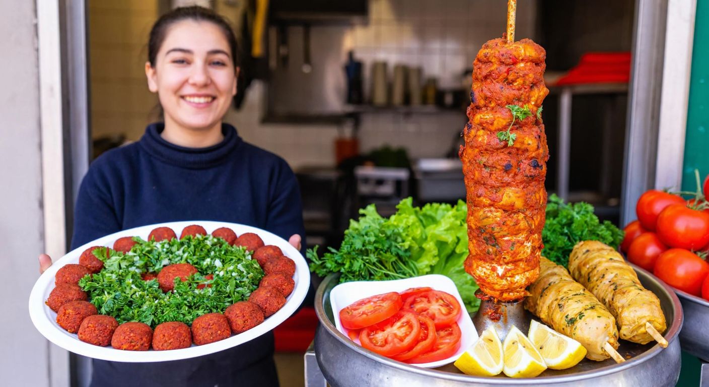 A vibrant Turkish street food stall with a smiling vendor holding a freshly prepared plate of çiğ köfte (reddish-brown bulgur mixture with herbs) next to a sizzling vertical spit of golden-brown tavuk döner, surrounded by fresh vegetables and lemon wedges.
