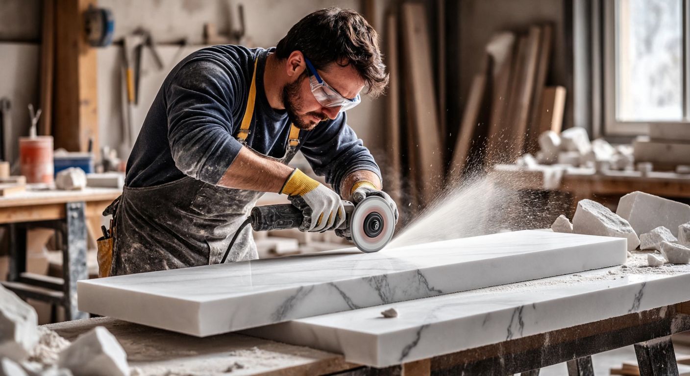 A focused craftsman in a dusty workshop wearing safety goggles and gloves carefully cuts a smooth white marble slab with a water-cooled angle grinder, surrounded by scattered marble fragments and tools.