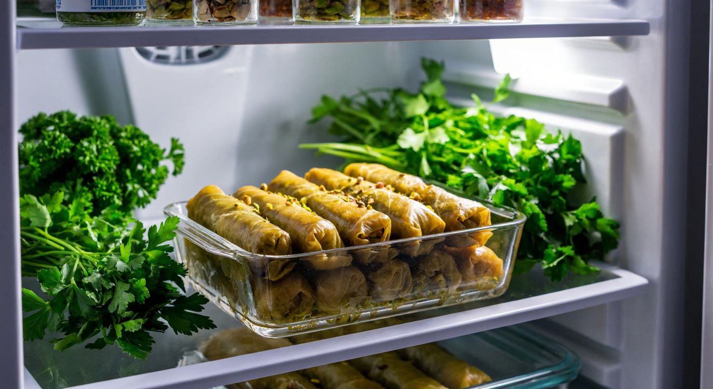 A glass container filled with golden-brown pistachio-filled sarma sits inside a refrigerator, surrounded by fresh herbs and a cool mist, evoking freshness and preservation.