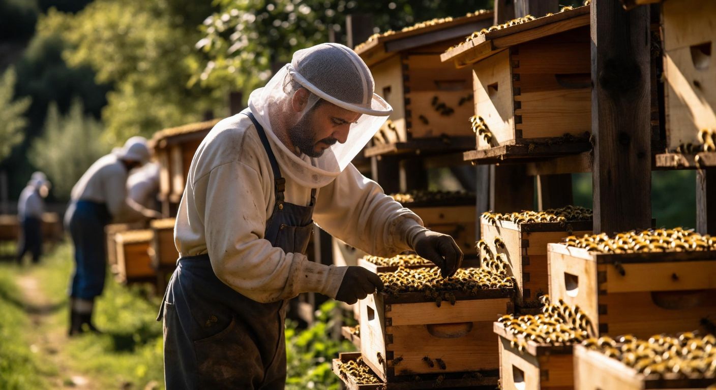 A beekeeper in a sunlit Turkish apiary carefully inspects wooden beehives with buzzing bees, adjusting frames and ensuring proper ventilation while wearing a protective veil.