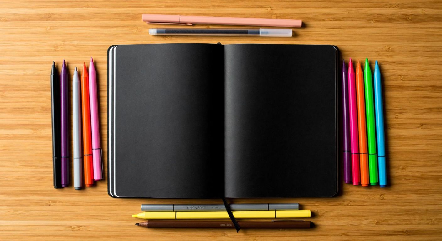A sleek black notebook lies open on a wooden table, surrounded by an array of colorful pens—white gel pens, charcoal pencils, and vibrant markers—ready to write on its dark pages.