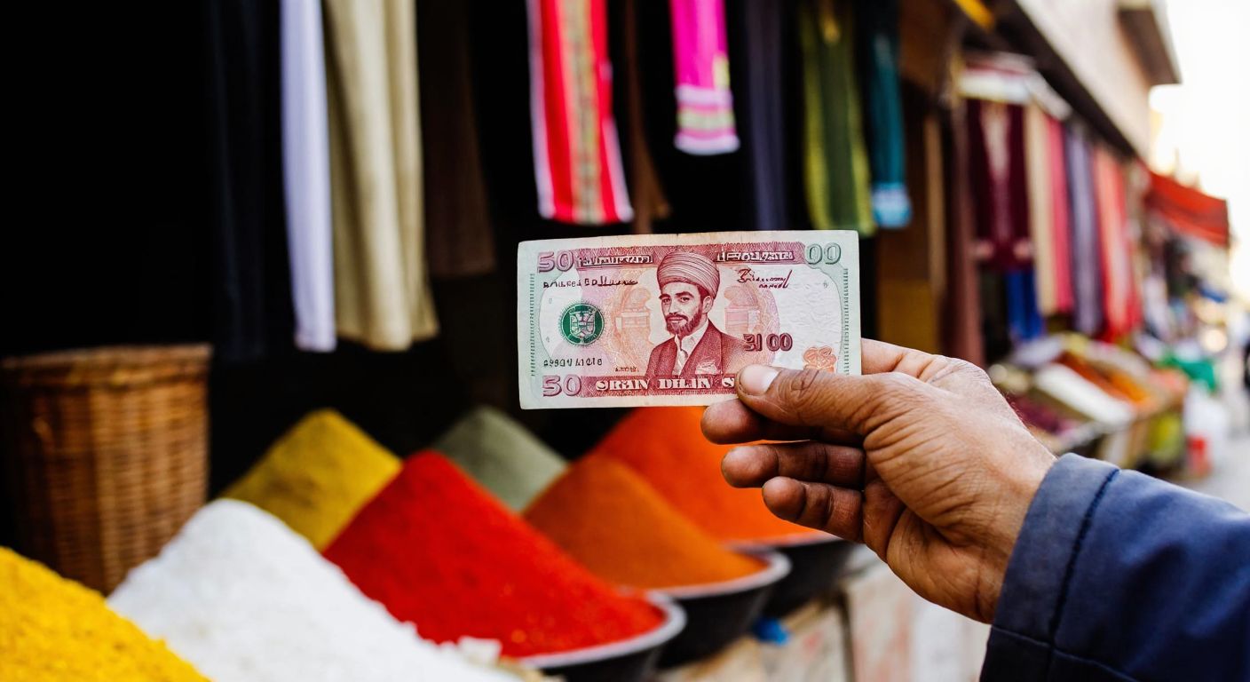 A close-up of a weathered hand holding a crisp Iraqi Dinar banknote against a backdrop of a bustling Baghdad market with vibrant spices and textiles.