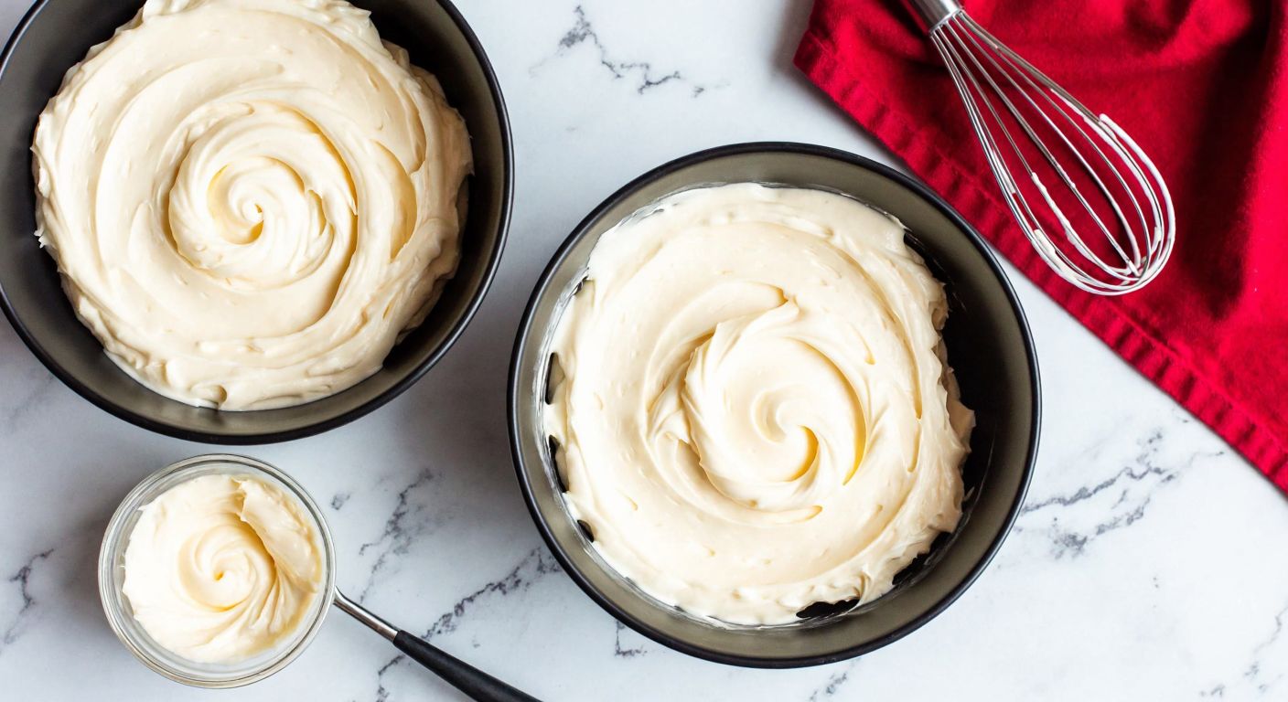 A close-up of two contrasting bowls of buttercream—one light and fluffy (Swiss meringue) and the other dense and creamy (regular buttercream)—resting on a marble countertop with a whisk and spatula nearby.