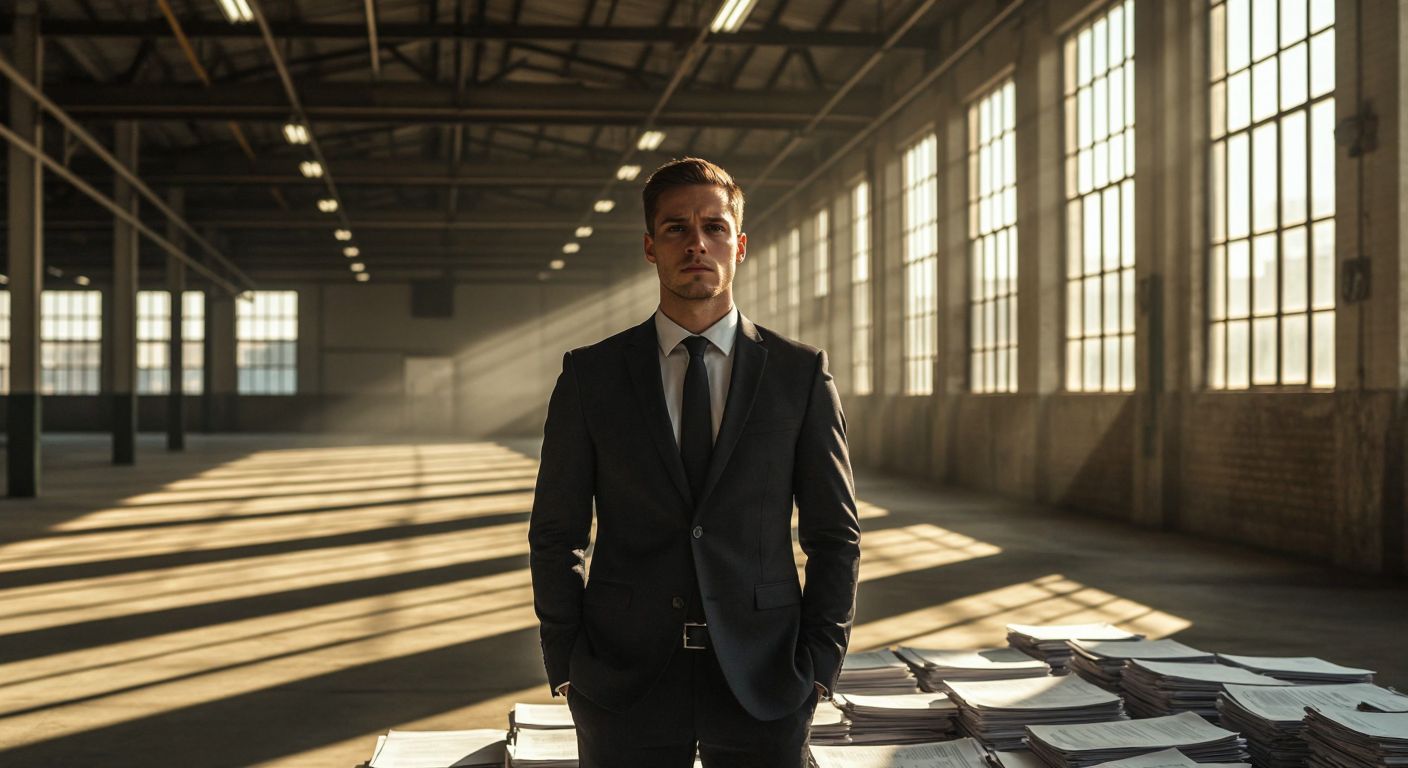 A solemn businessman in a dark suit stands in an empty industrial warehouse, his expression pensive, with faint sunlight filtering through dusty windows onto scattered legal documents.