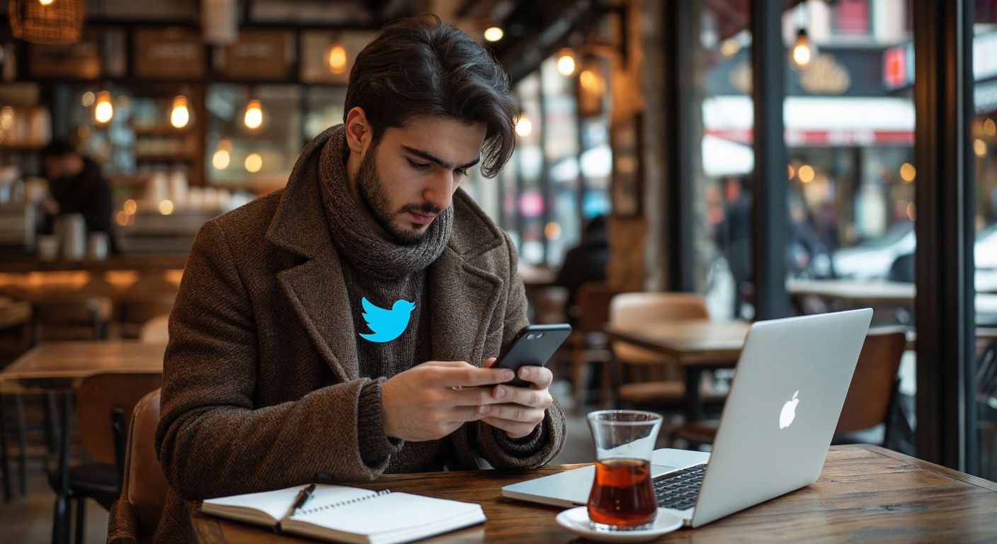A young professional in a modern Turkish café, intently scrolling through a smartphone with a Twitter logo on the screen, while sipping çay from a tulip-shaped glass, surrounded by a laptop and a notebook with a pen.