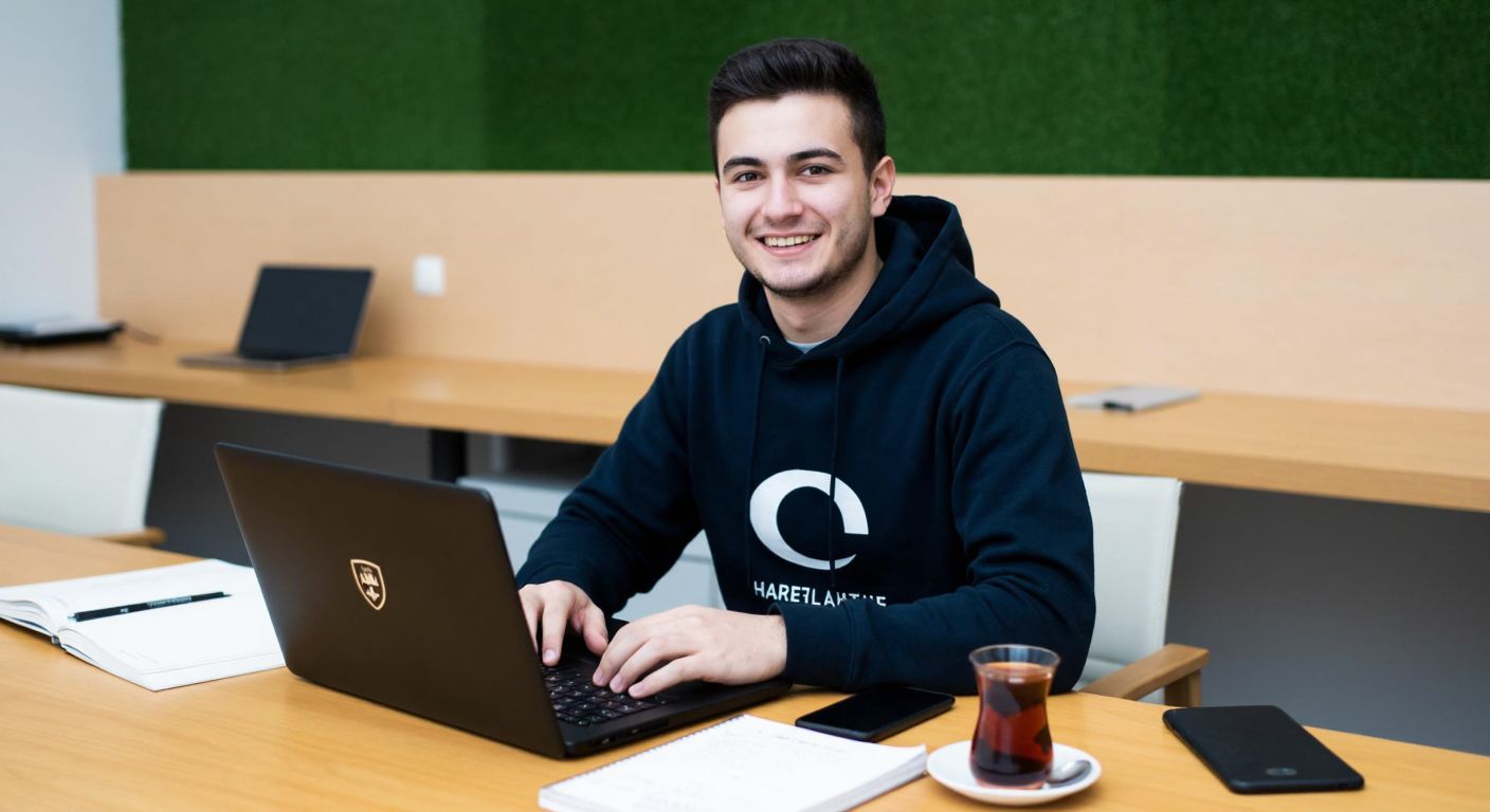 A young Turkish student in a university hoodie sits at a wooden desk with a laptop, smiling confidently while navigating the Hacettepe Hadi system, surrounded by scattered notebooks and a steaming cup of Turkish tea.