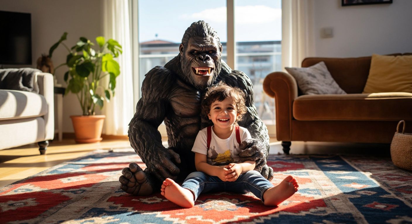A smiling Turkish child, around 6 years old, happily holding a large King Kong action figure while sitting on a colorful rug in a sunlit living room.