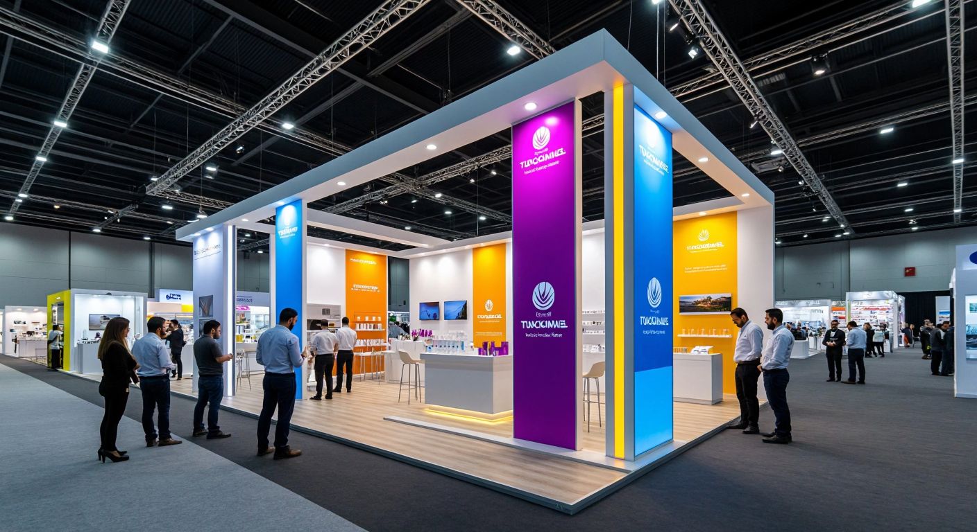 A bustling Turkish trade show hall with a team of professionals meticulously assembling a vibrant exhibition stand, featuring sleek plexiglass panels, colorful branded banners, and neatly arranged product displays under warm lighting.