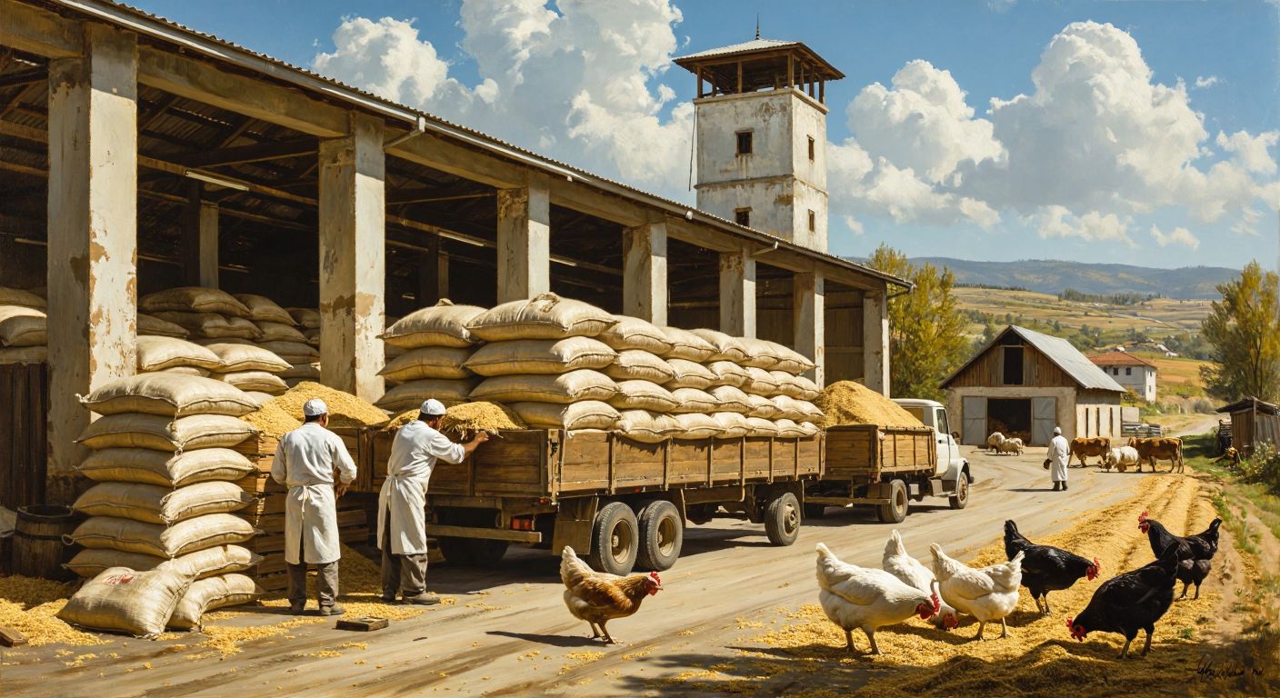 A sunlit Turkish flour mill with stacks of golden wheat sacks, workers in white aprons loading flour bags onto a truck, and a nearby barn with cows and chickens eating feed from branded Akgüller bags.