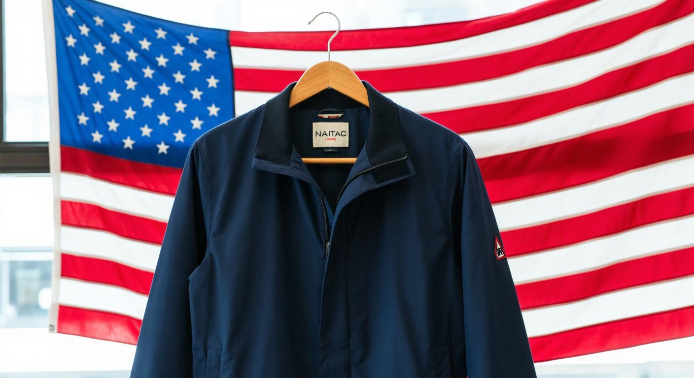 A vibrant American flag waves behind a stylish navy-blue Nautica jacket displayed on a wooden hanger in a sunny New York City boutique.