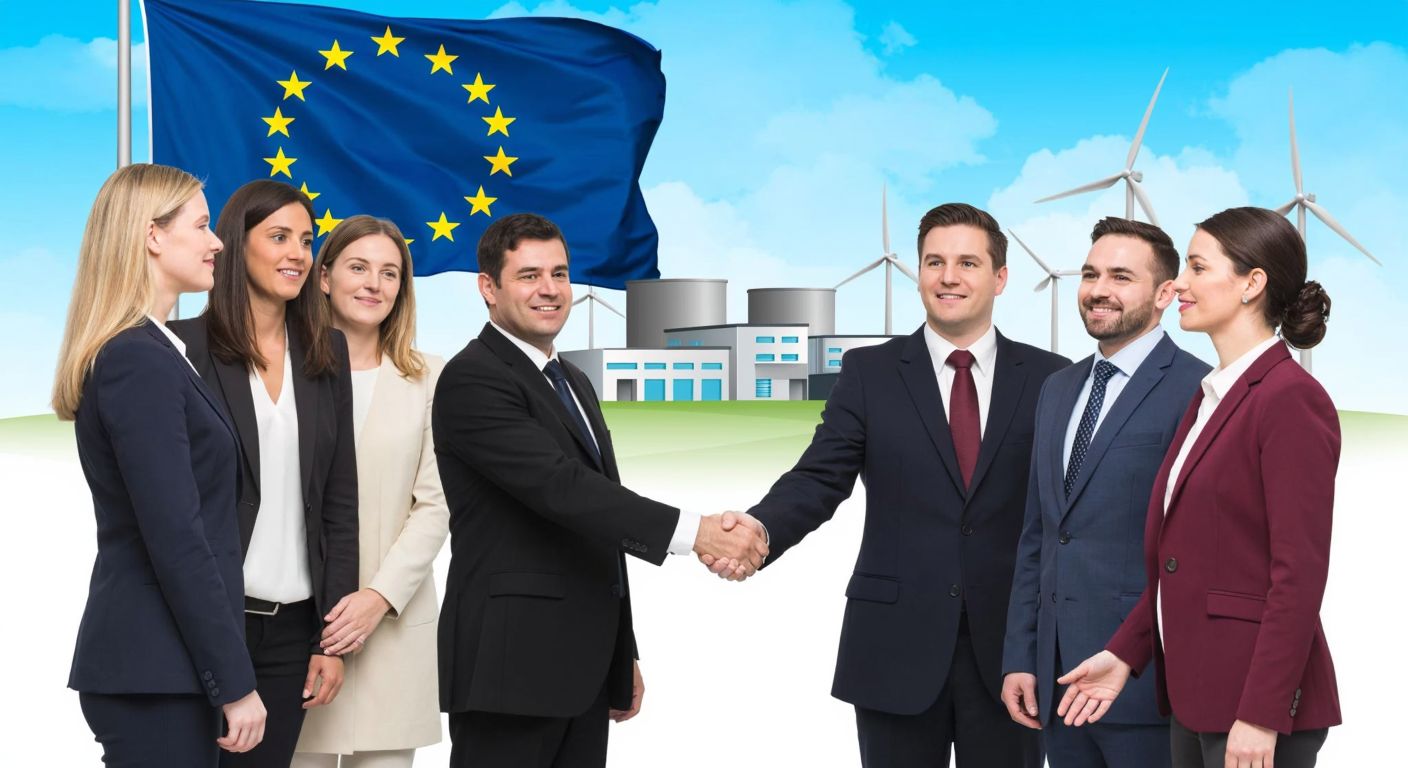A group of diverse people shaking hands in front of a European flag, with a factory, wind turbines, and a globe in the background, symbolizing economic cooperation, environmental policies, and global diplomacy.