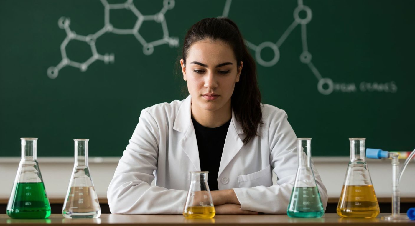 A focused Turkish high school student in a classroom, surrounded by chemistry lab equipment like beakers and test tubes, with a chalkboard in the background showing faint outlines of molecular structures and liquid mixtures.