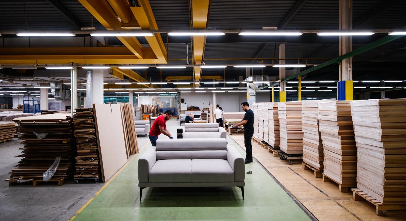 A modern furniture factory in Bursa's İnegöl district, with workers assembling sleek sofas under bright workshop lights, surrounded by stacks of wood and fabric.