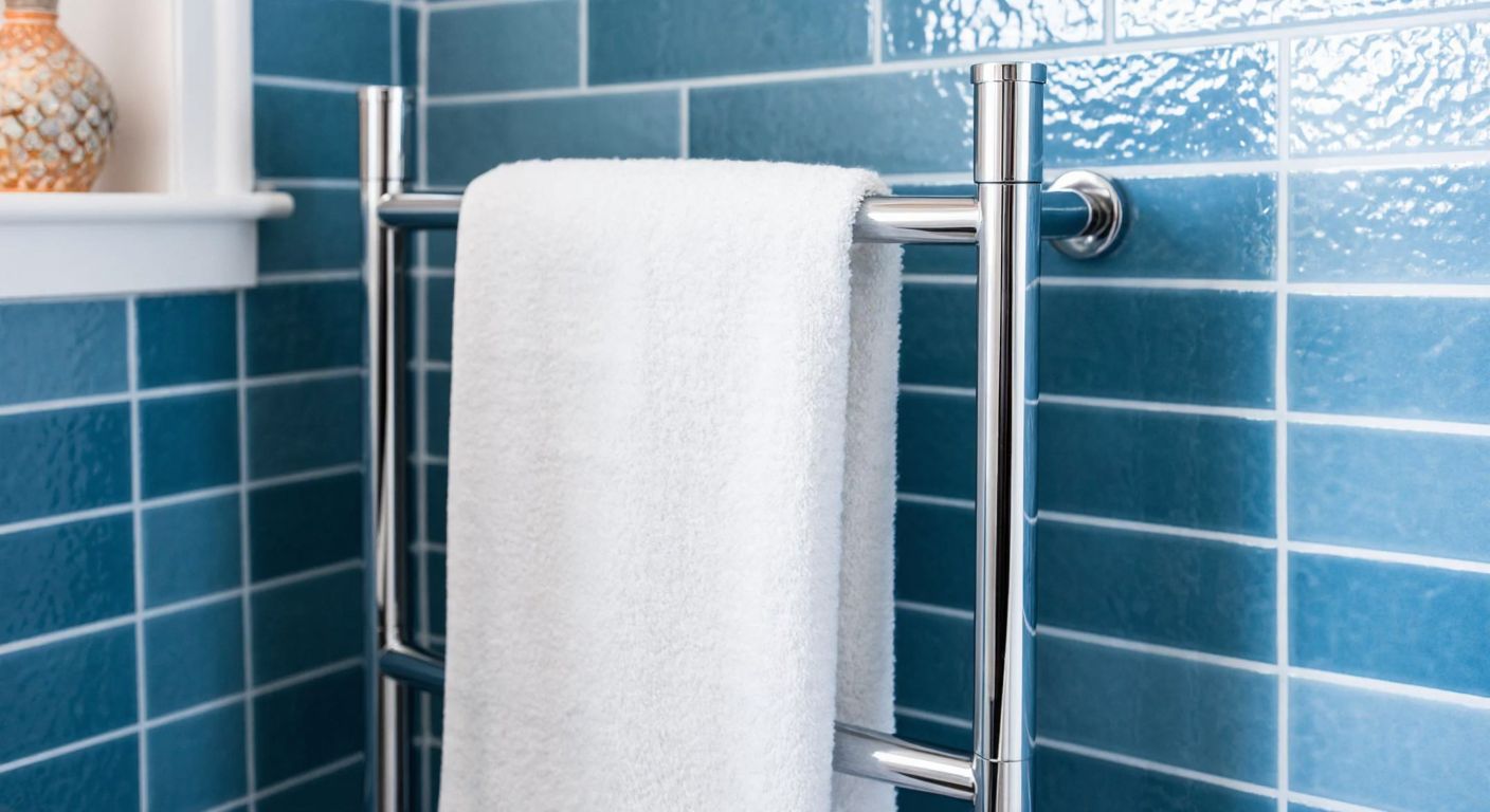 A fluffy white towel draped over a sleek, modern chrome havlupan radiator in a bright Turkish bathroom with blue mosaic tiles.