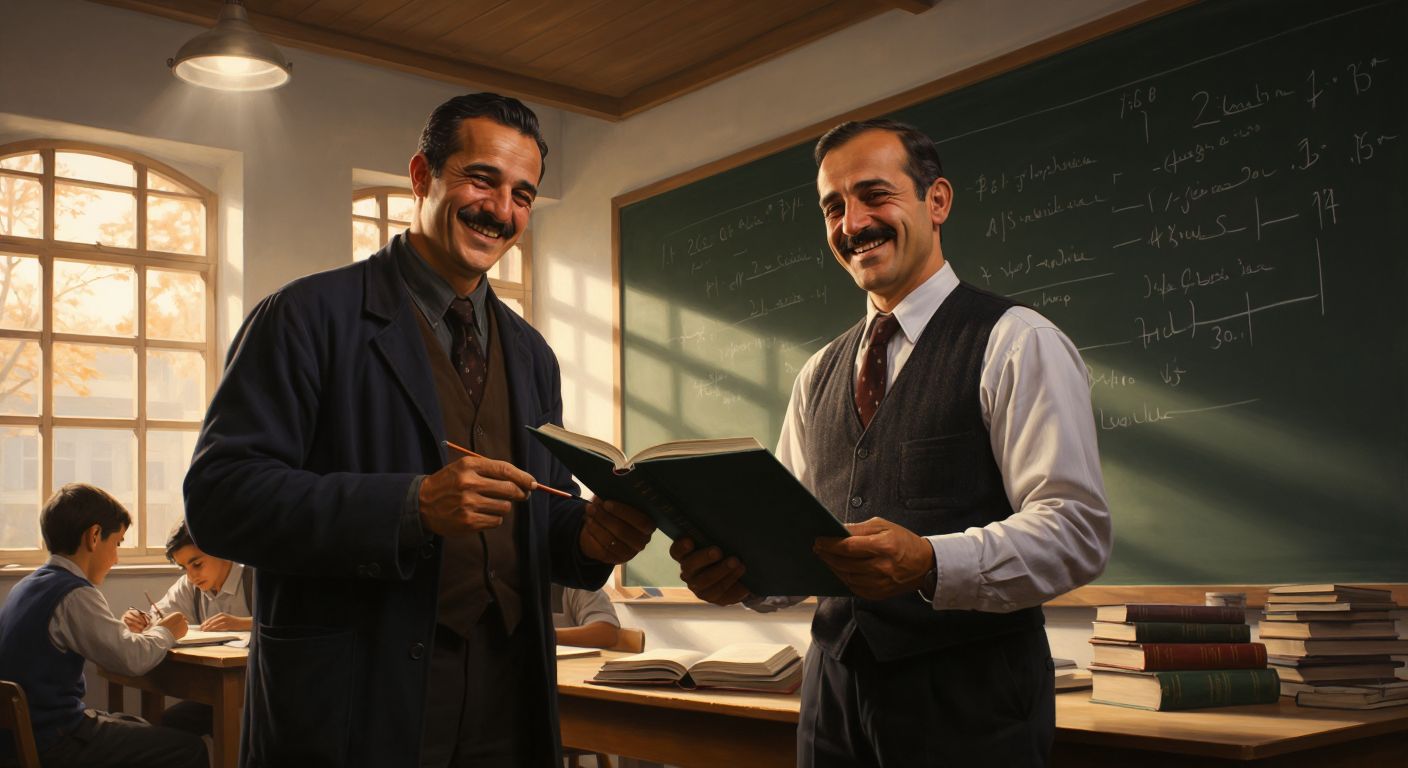 Two middle-aged Turkish men in a classroom, one writing trigonometric equations on a chalkboard while the other hands a student a thick textbook, both smiling warmly under the glow of fluorescent lights.