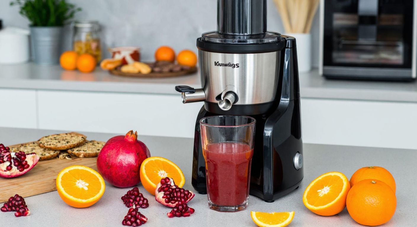 A sleek Kuvings juicer on a kitchen counter, slowly pressing fresh oranges and pomegranates into a vibrant, chilled glass of juice, surrounded by scattered fruit peels and a warm Turkish breakfast spread in the background.