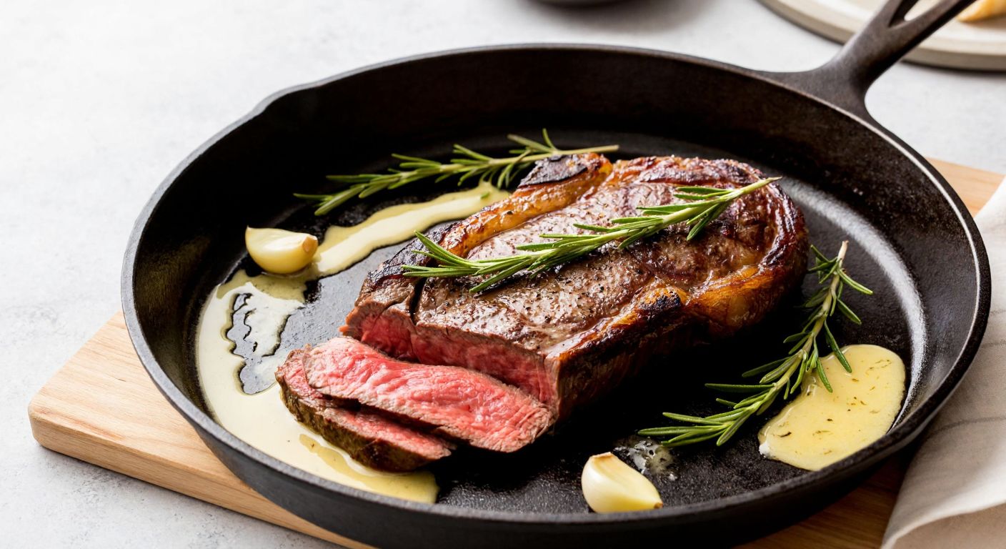 A sizzling, thick-cut beef tenderloin steak seared golden-brown in a cast-iron pan with melted butter, garnished with fresh rosemary sprigs and garlic cloves, resting on a wooden cutting board beside a rustic kitchen counter.