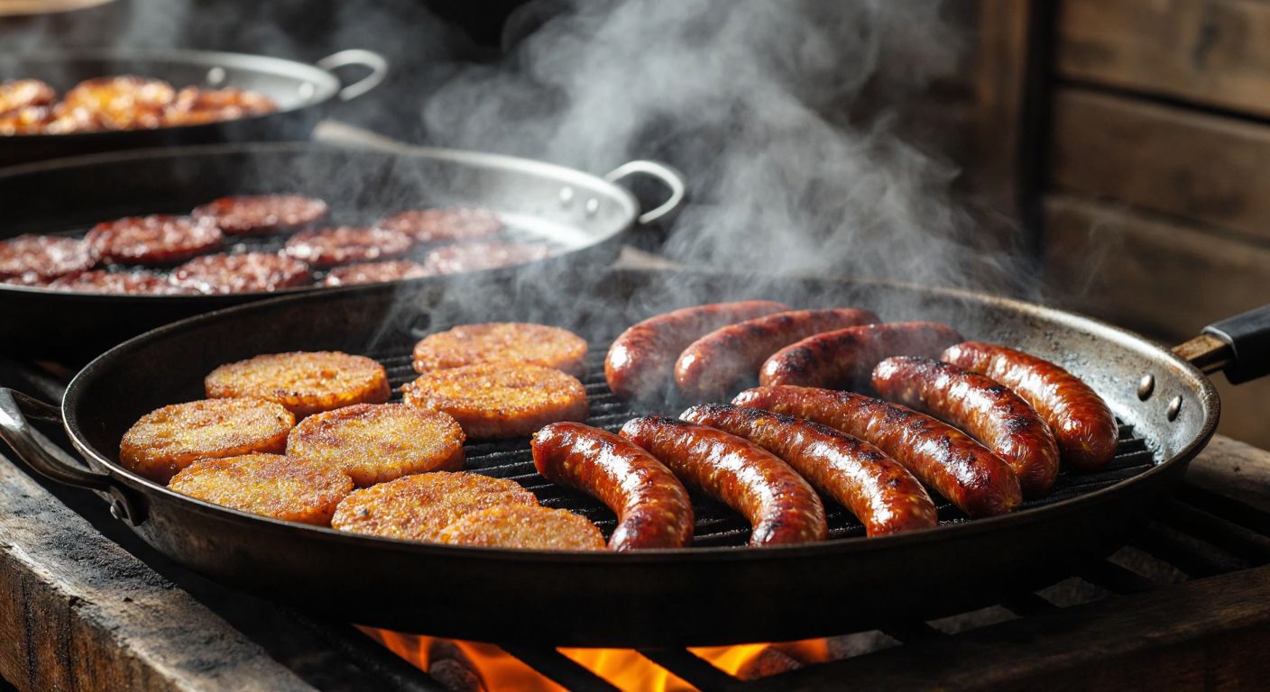 A sizzling pan of golden-brown sucuk slices next to a charcoal grill with juicy, charred sucuk links, steam rising from both, set on a rustic wooden table in a Turkish kitchen.