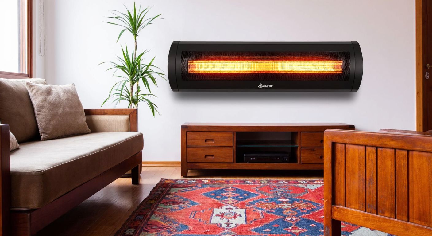 A sleek, wall-mounted infrared heater with a modern design, glowing warmly in a cozy Turkish living room with traditional kilim rugs and wooden furniture.