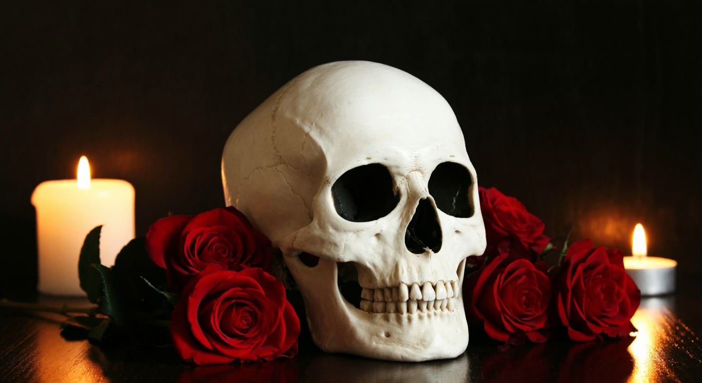 A white skull with hollow black eye sockets resting on a dark wooden table, surrounded by wilted red roses and flickering candlelight, evoking both eerie danger and playful humor.