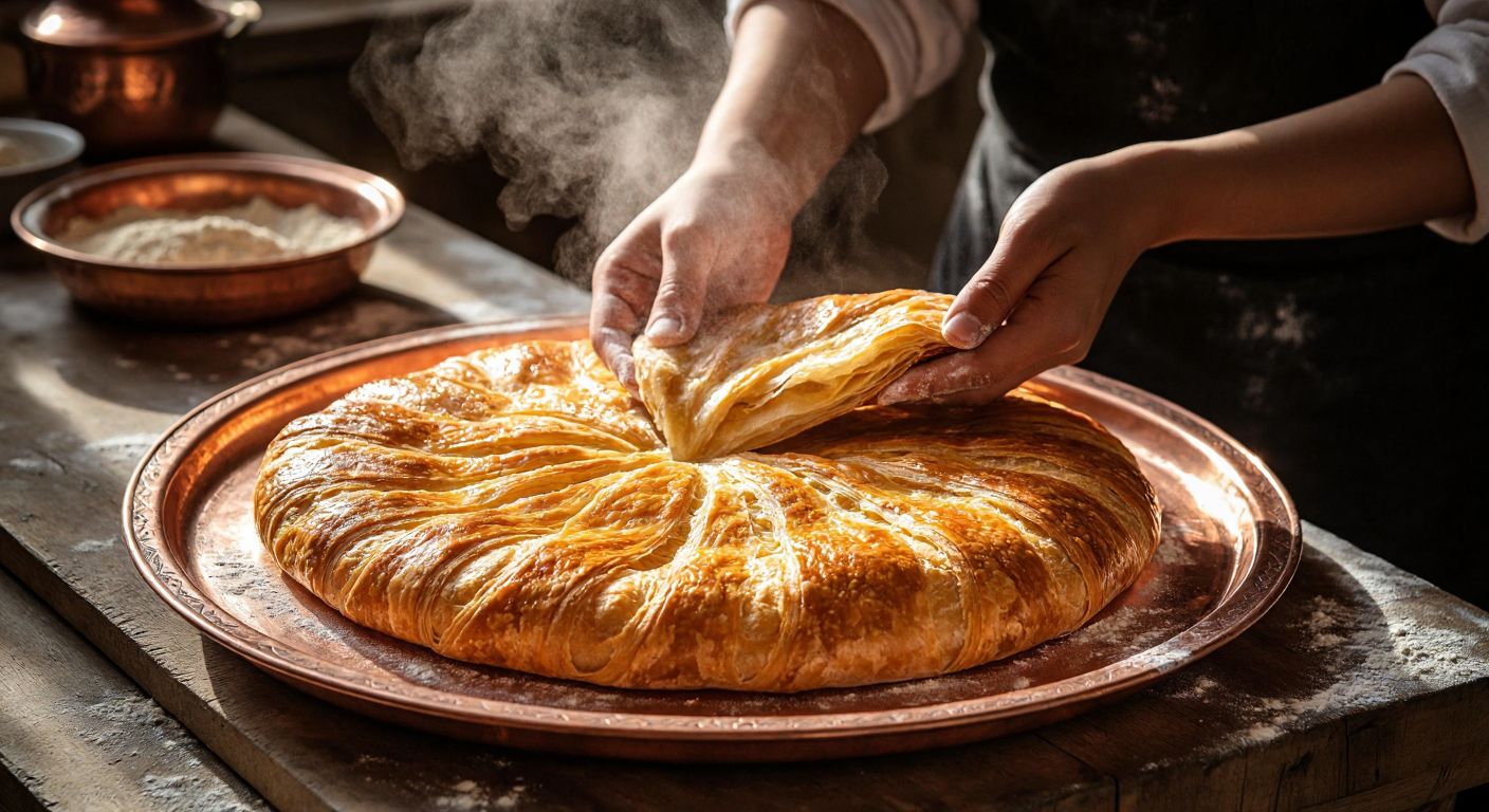 A golden, flaky *saya çöreği* rests on a traditional Turkish copper tray, surrounded by warm sunlight in a rustic Yozgat kitchen, with hands dusted in flour gently pulling apart its delicate layers.