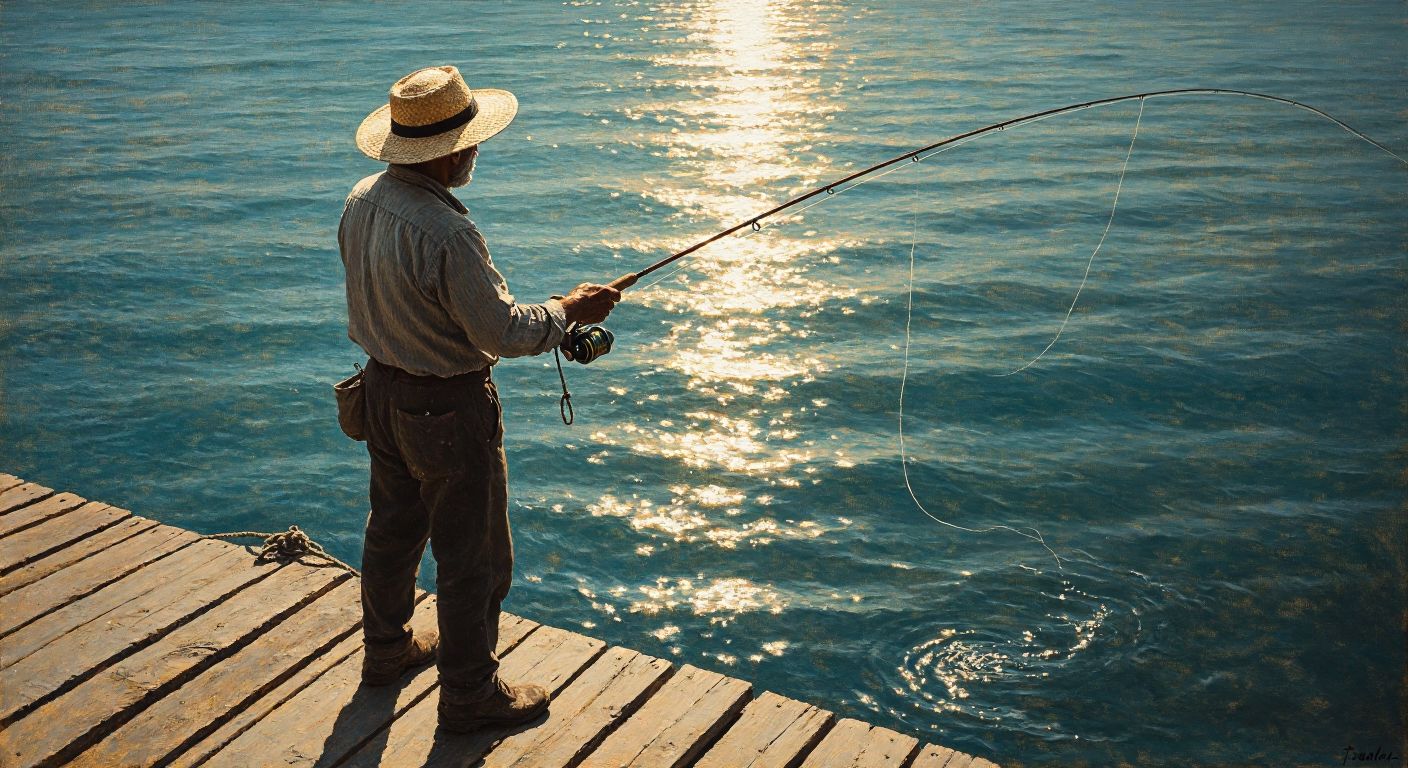 A weathered Turkish fisherman in a wide-brimmed hat stands on a sunlit wooden dock, casting a fishing line into the shimmering sea while shielding his eyes from the bright sunlight.